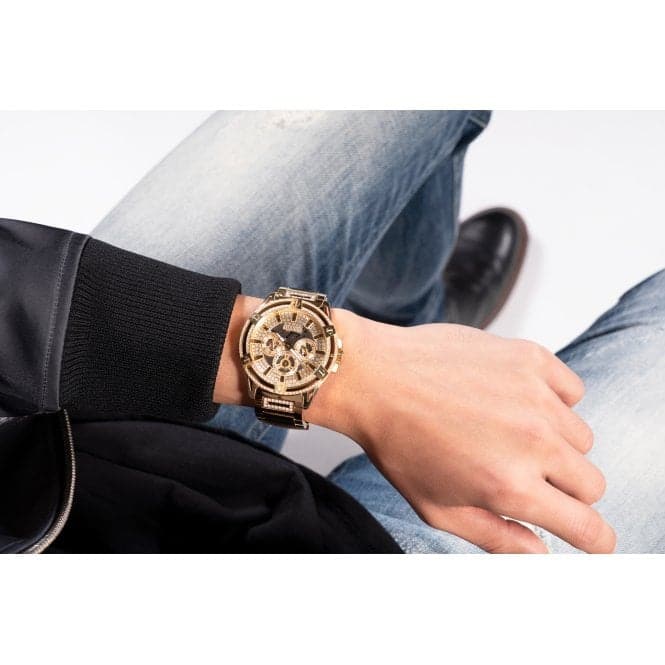 Guess Watches Gents King Stainless Steel Gold Tone Watch Gw0497g2 -korean beauty