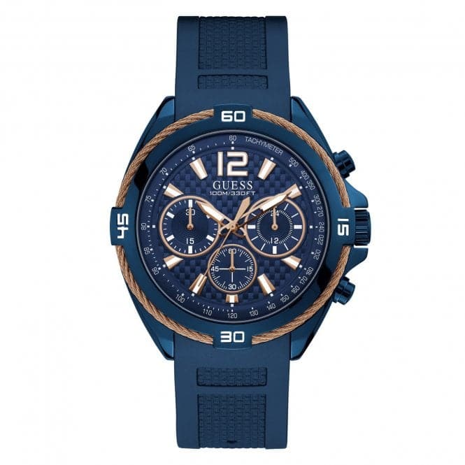 Guess Gents Blue Rose Gold Wire Detail Watch W1168g4 -korean beauty