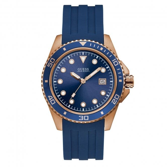 Guess Watches Guess Gents Rose Gold Watch Blue Trim Dial Strap W1109g3 -korean beauty