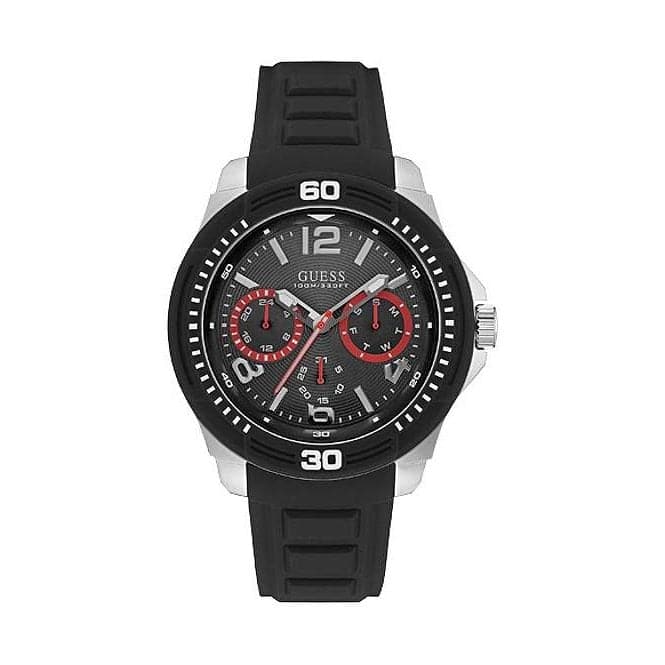 Guess Watches Guess Gents Silver Watch Black Multifunctional Dial And Black Silicone Strap W0967g1 -korean beauty