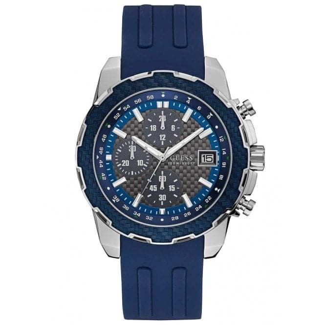 Guess Watches Guess Gents Silver Watch Blue Trim Grey Dial Blue Textured Silicone Strap W1047g2 -korean beauty