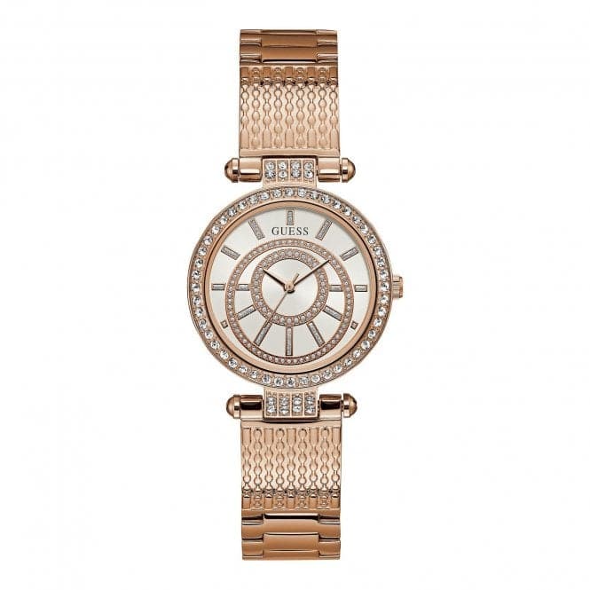 Guess Watches Guess Ladies Rose Gold Watch White Dial Rose Gold Textured Bracelet W1008l3 -korean beauty