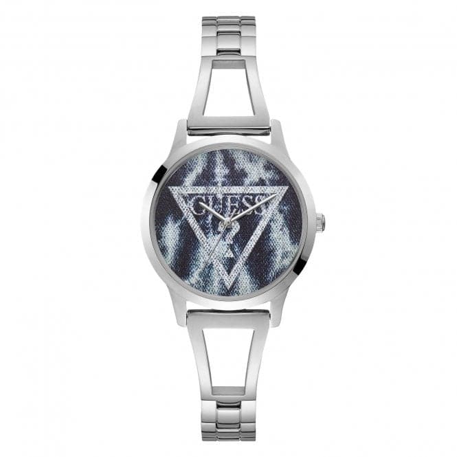 Guess Watches Guess Ladies Silver Blue Acid Denim Logo Dial Watch W1145l1 -korean beauty
