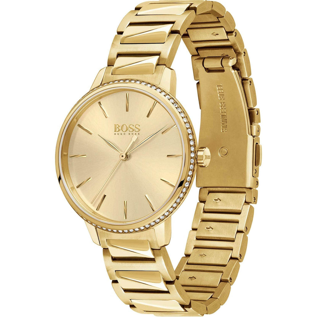 Hugo Boss Womens 1502541 Signature Gold Tone Stainless Steel Watch -korean beauty