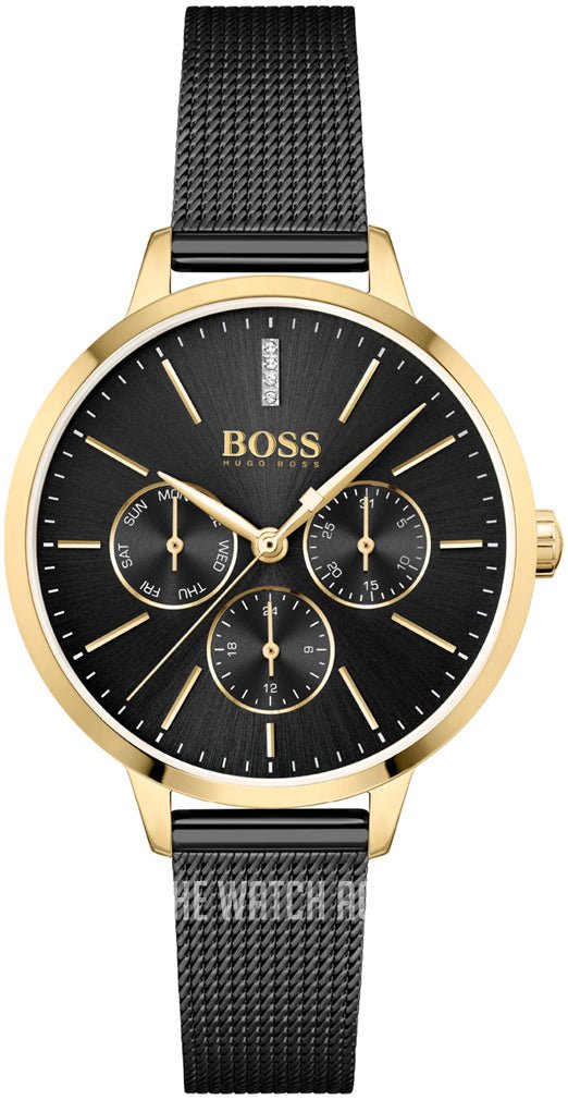 Hugo Boss Womens 1502601 Symphony Gold Tone And Black Mesh Bracelet Watch -korean beauty