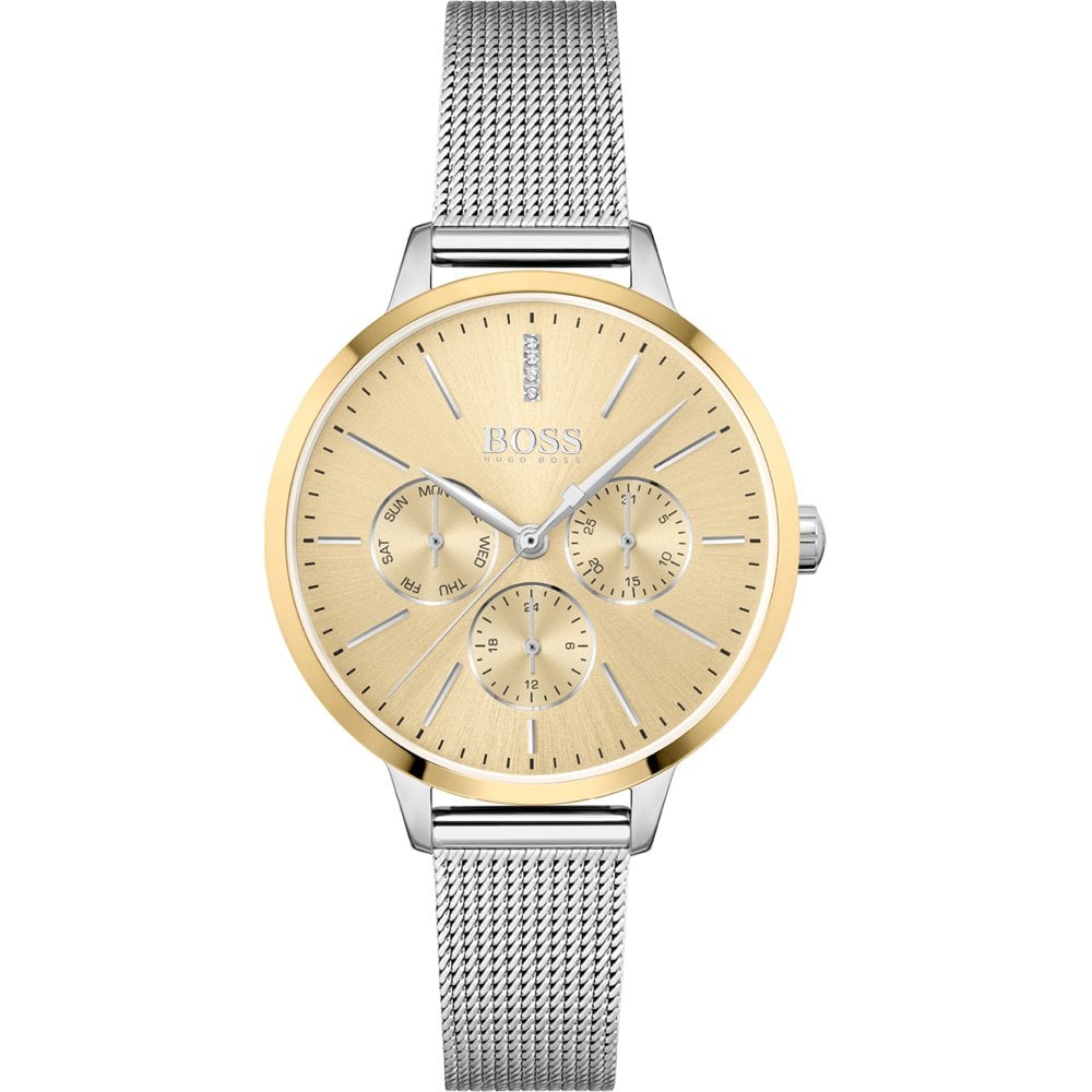 Hugo Boss Womens 1502600 Symphony Gold Tone And Silver Mesh Bracelet Watch -korean beauty