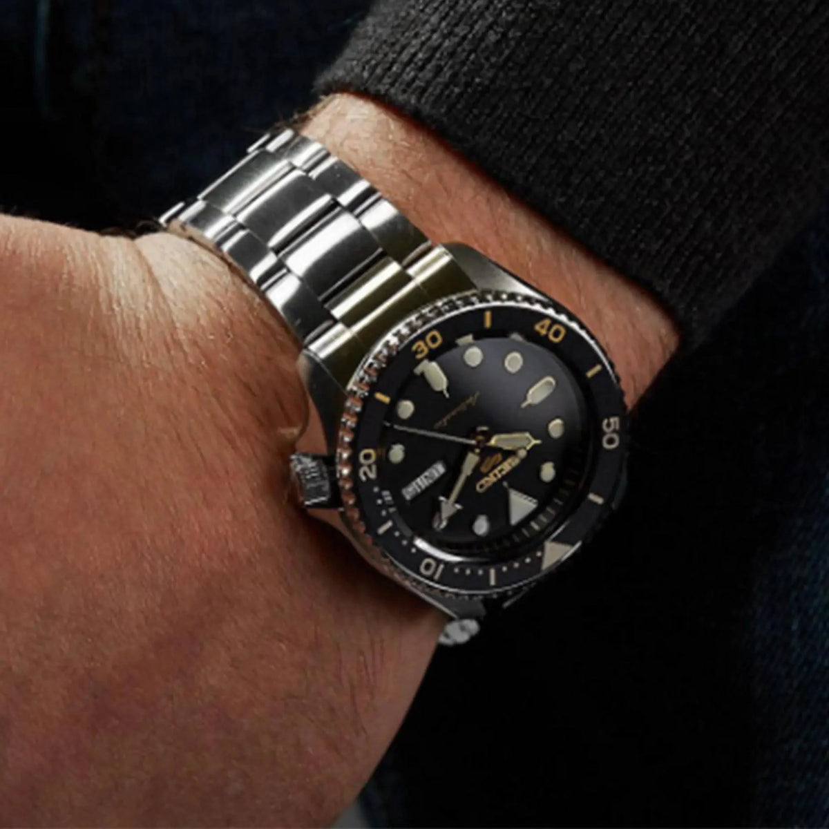 Seiko 5 Sports Black Dial Silver Stainless Steel Bracelet Automatic Mens Watch Srpd57k1 -korean beauty