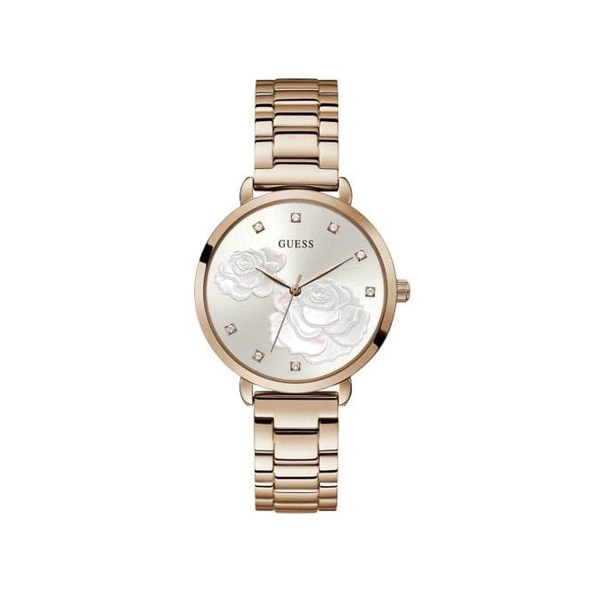 Guess Watches Ladies Rose Gold Sparkling Rose Steel Floral Print Watch Gw0242l3 -korean beauty