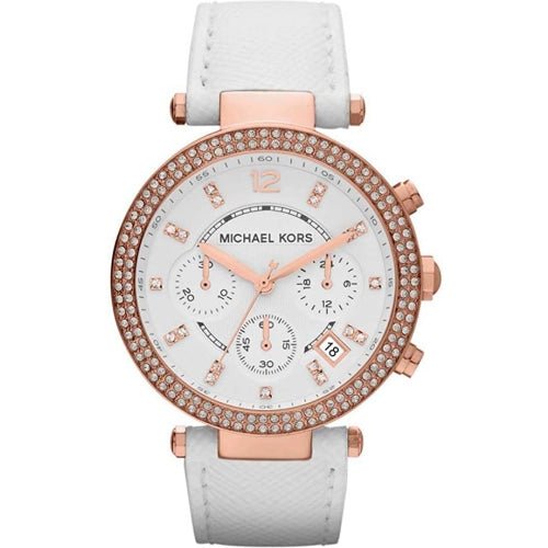 Michael Kors Mk2281 Ladies Parker Rose Gold White Leather Chronograph Watch -korean beauty