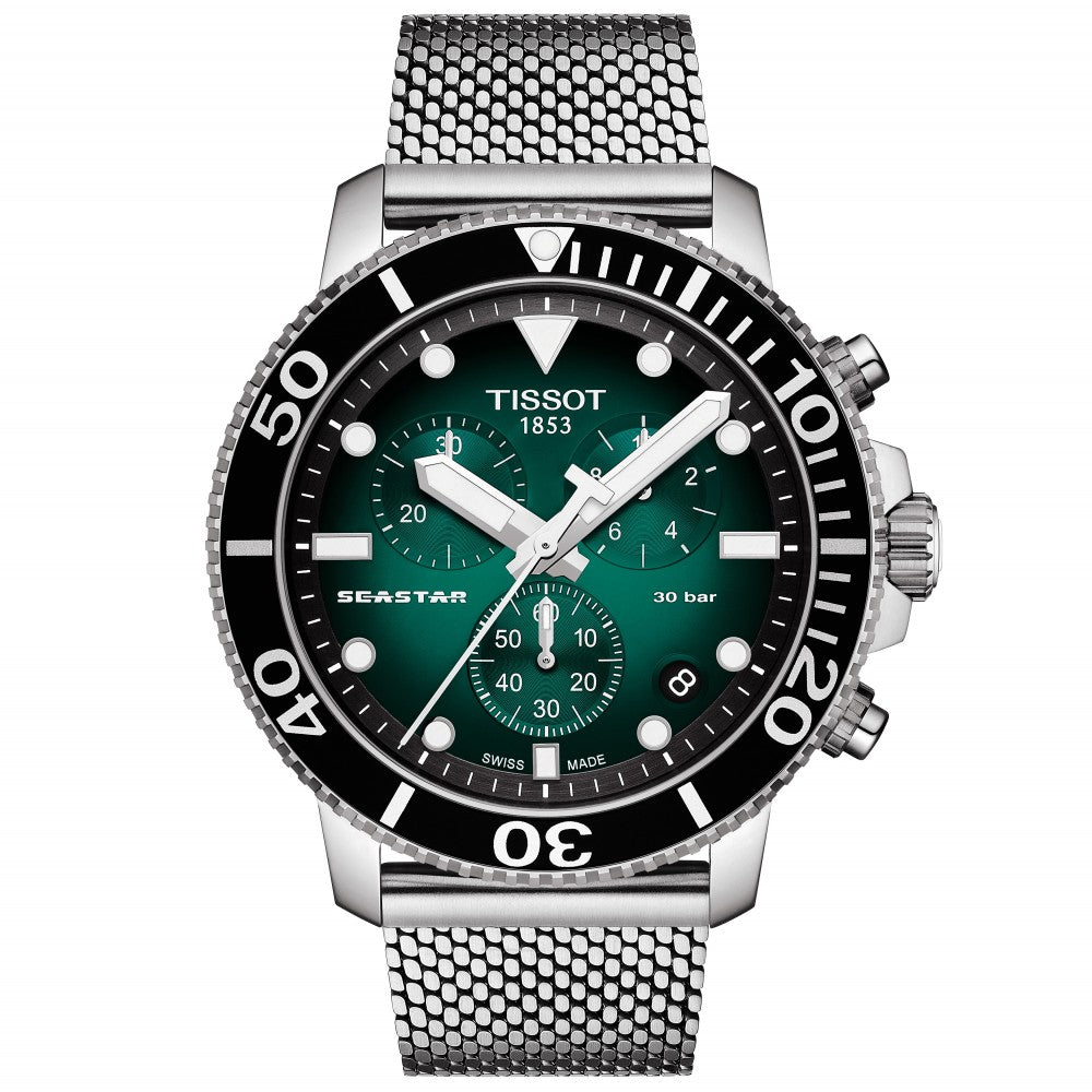 Tissot Chronograph Watch Seastar 1000 Green Mesh T1204171109100 -korean beauty
