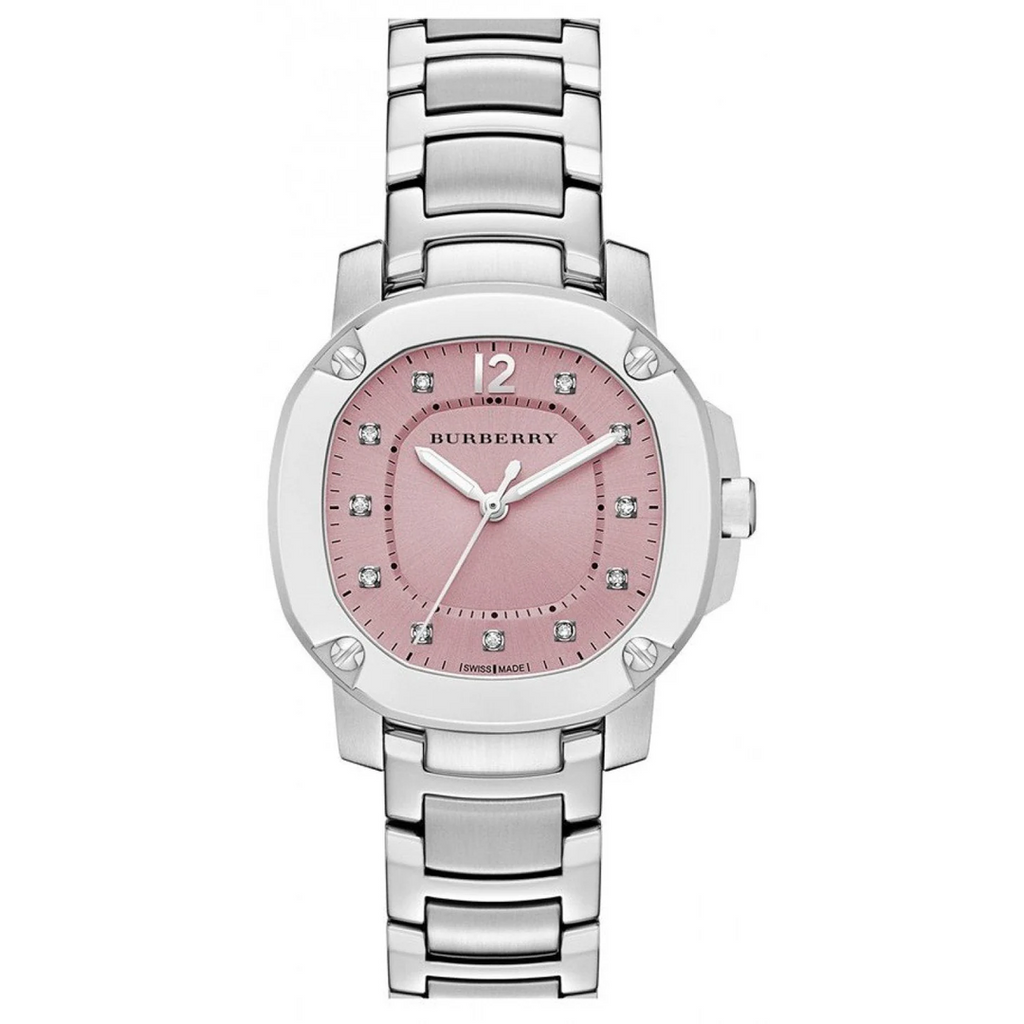 Burberry The Britain Diamonds Pink Dial Silver Steel Strap Watch For Women Bby1805 -korean beauty