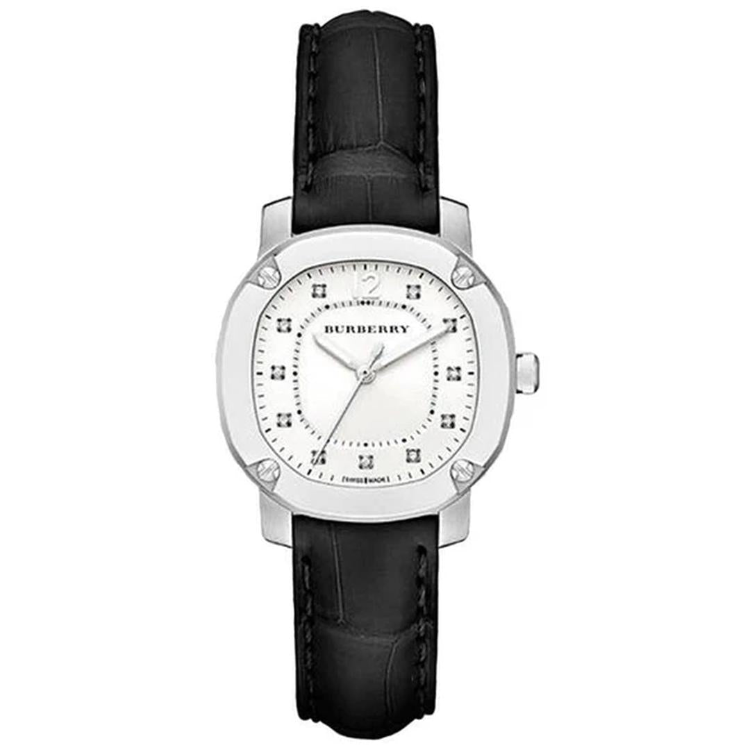 Burberry The Britain Diamonds White Dial Black Leather Strap Watch For Women Bby1806 -korean beauty