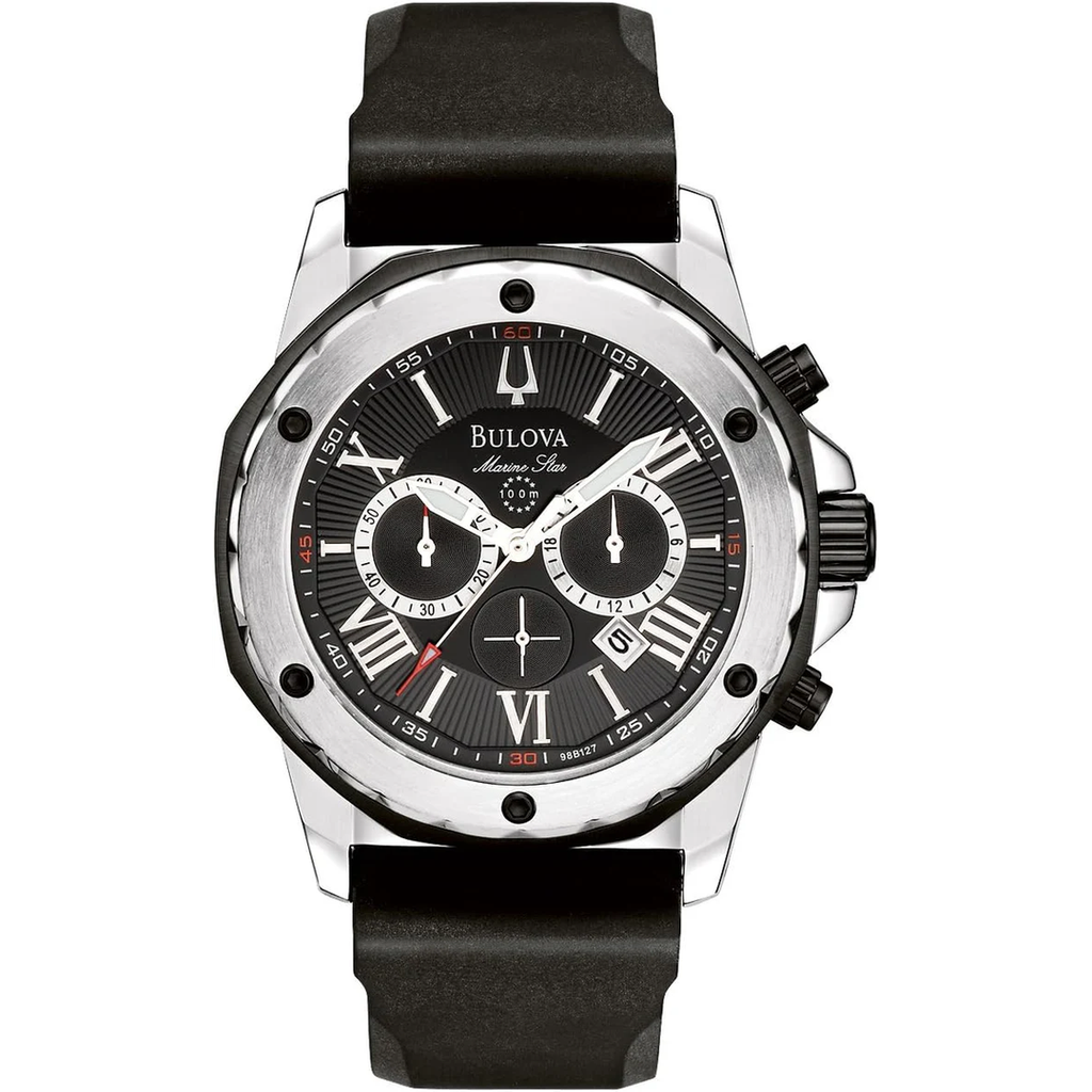 Bulova Marine Star Chronograph Black Dial Black Rubber Strap Watch For Men 98b127 -korean beauty