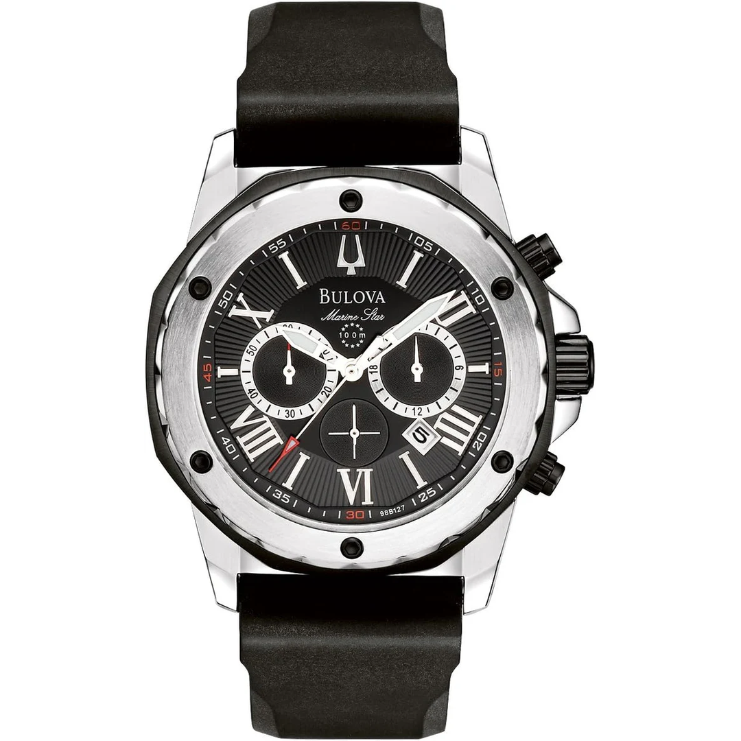 Bulova Marine Star Chronograph Black Dial Black Rubber Strap Watch For Men 98b127 -korean beauty